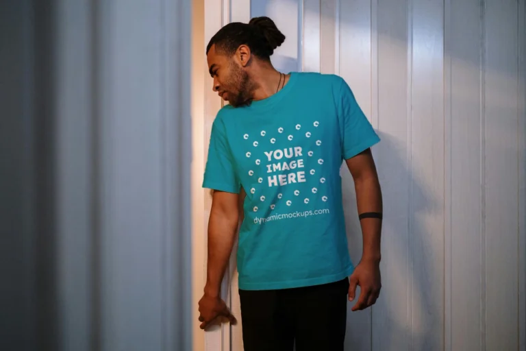 Man Wearing Teal T-shirt Mockup Front View Template