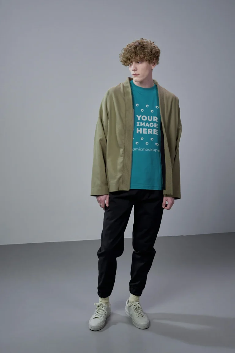 Man Wearing Teal T-shirt Mockup Front View Template