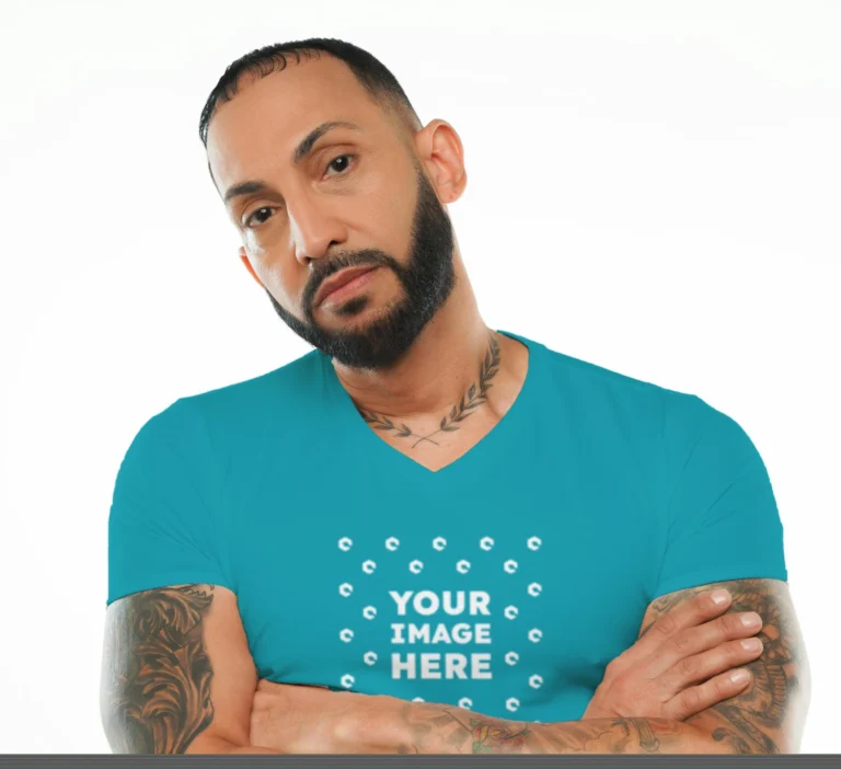 Man Wearing Teal T-shirt Mockup Front View Template