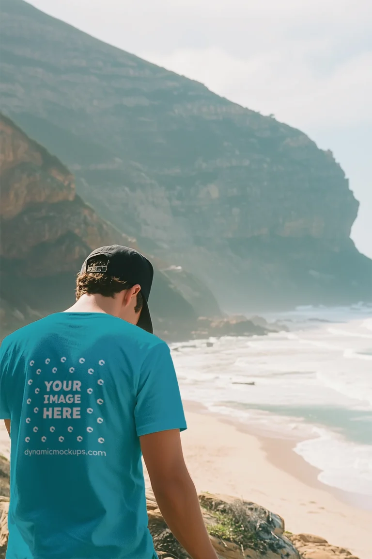Man Wearing Teal T-shirt Mockup Back View Template
