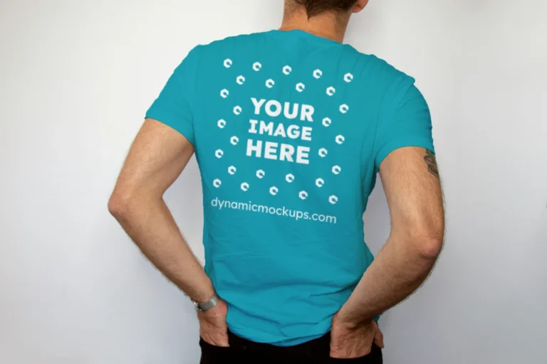 Man Wearing Teal T-shirt Mockup Back View Template
