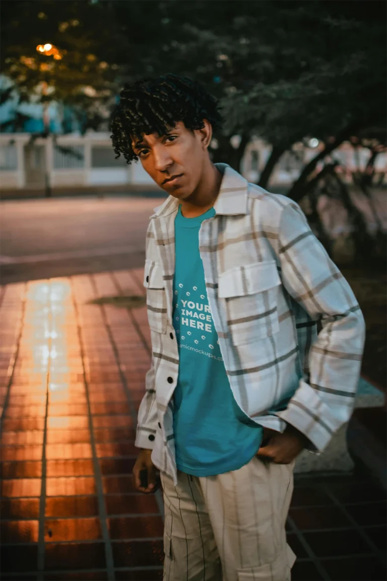 Man Wearing Teal T-shirt Mockup Front View Template