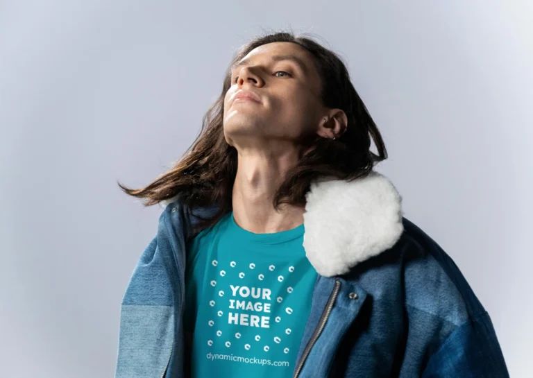 Man Wearing Teal T-shirt Mockup Front View Template