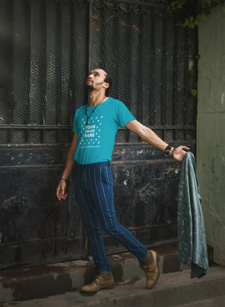Man Wearing Teal T-shirt Mockup Front View Template