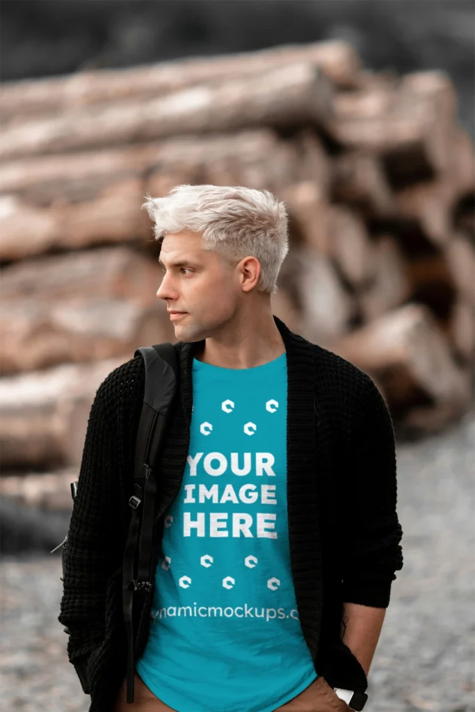 Man Wearing Teal T-shirt Mockup Front View Template