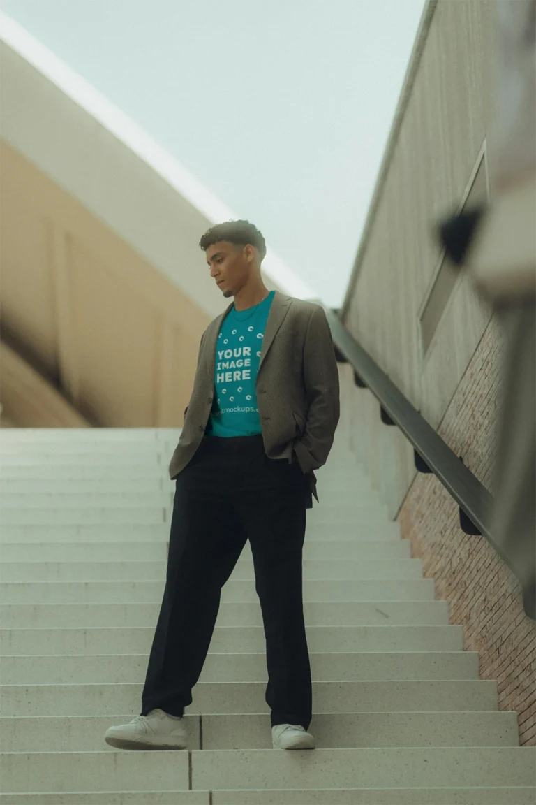 Man Wearing Teal T-shirt Mockup Front View Template
