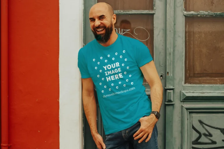 Man Wearing Teal T-shirt Mockup Front View Template