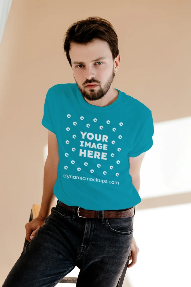 Man Wearing Teal T-shirt Mockup Front View Template