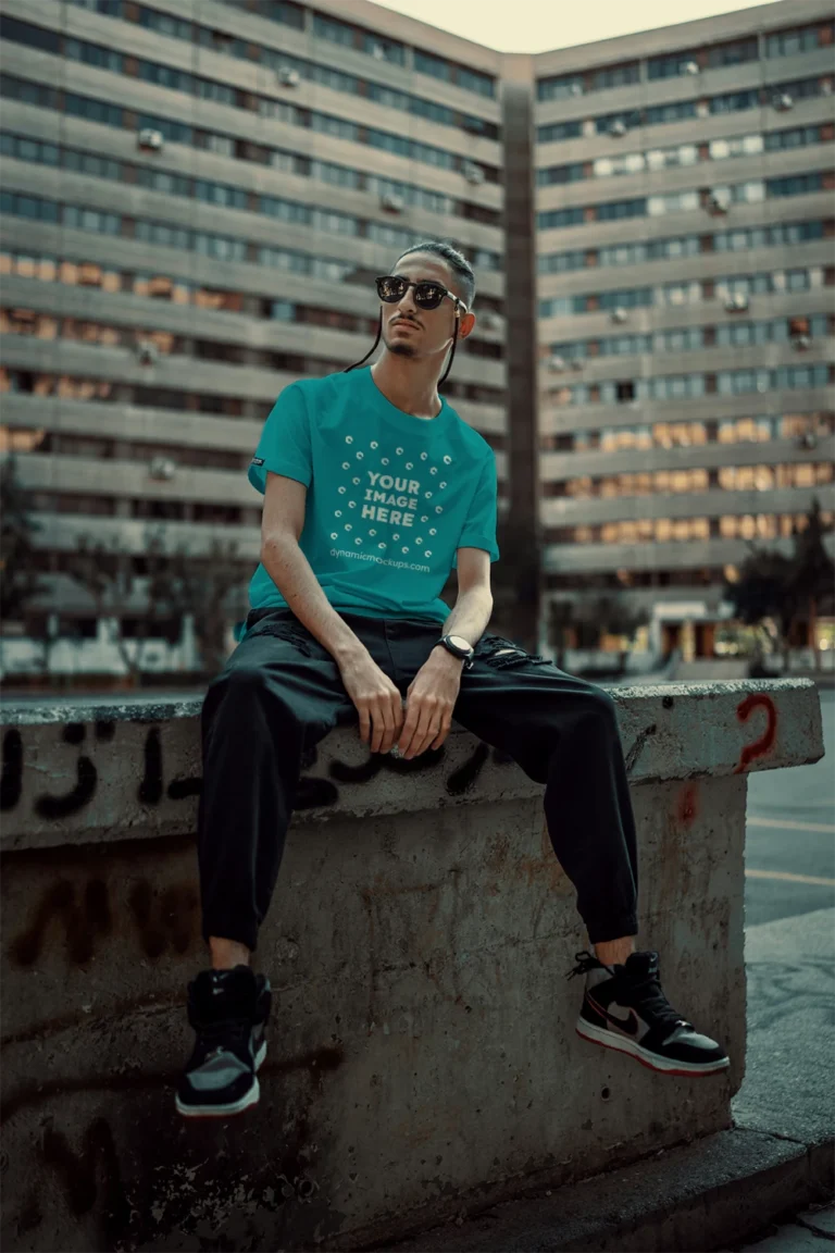 Man Wearing Teal T-shirt Mockup Front View Template