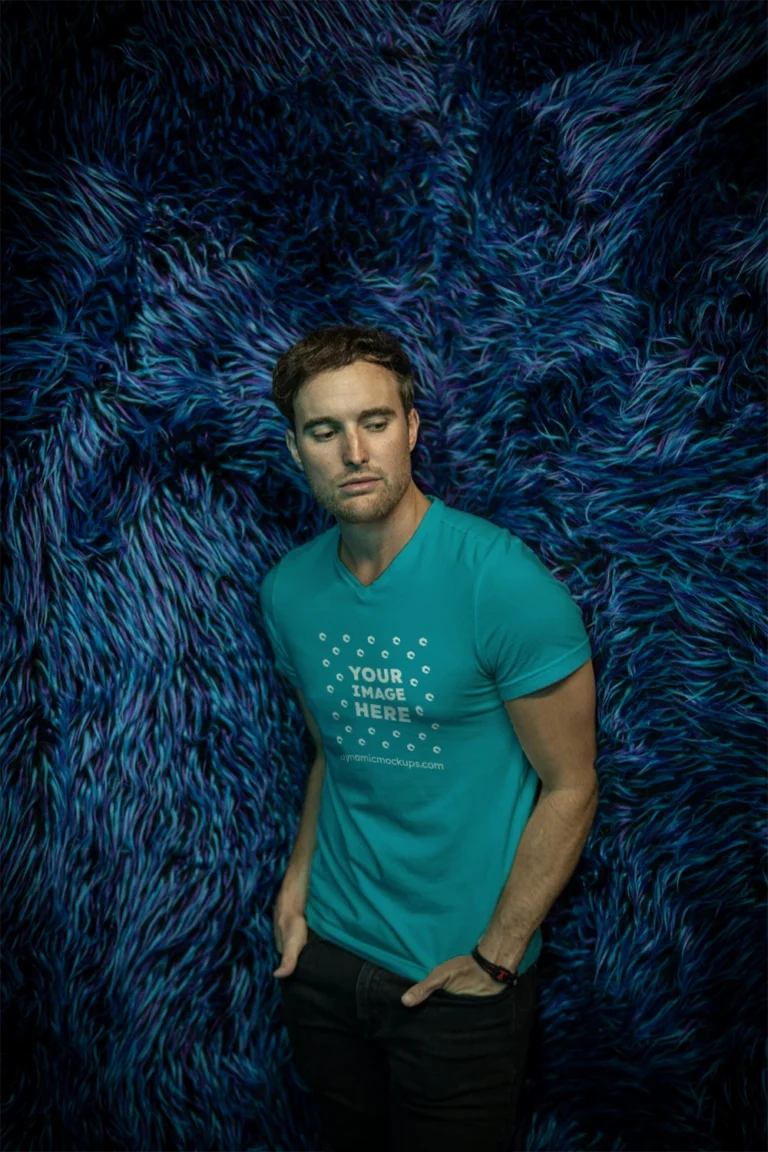 Man Wearing Teal T-shirt Mockup Front View Template