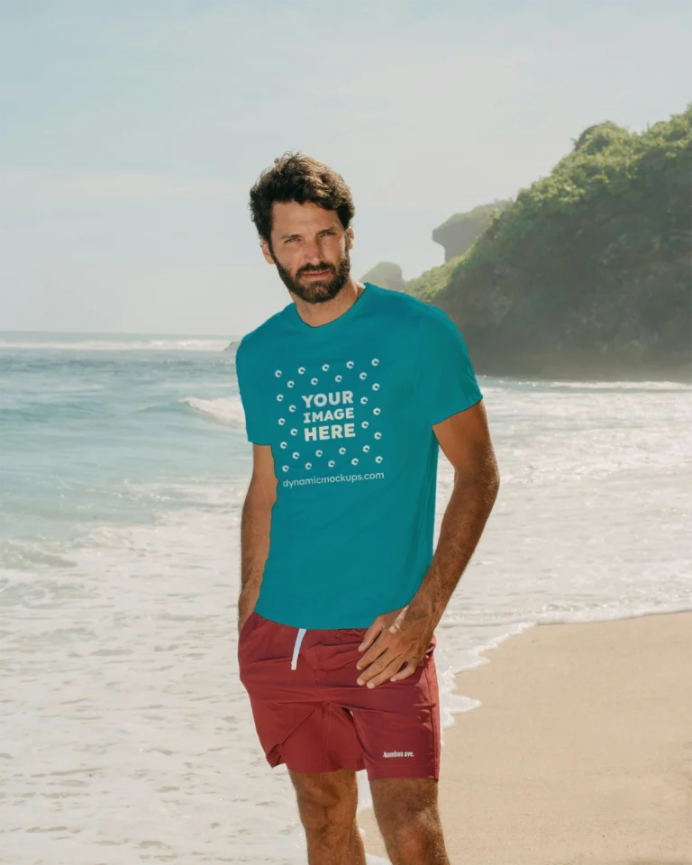 Man Wearing Teal T-shirt Mockup Front View Template