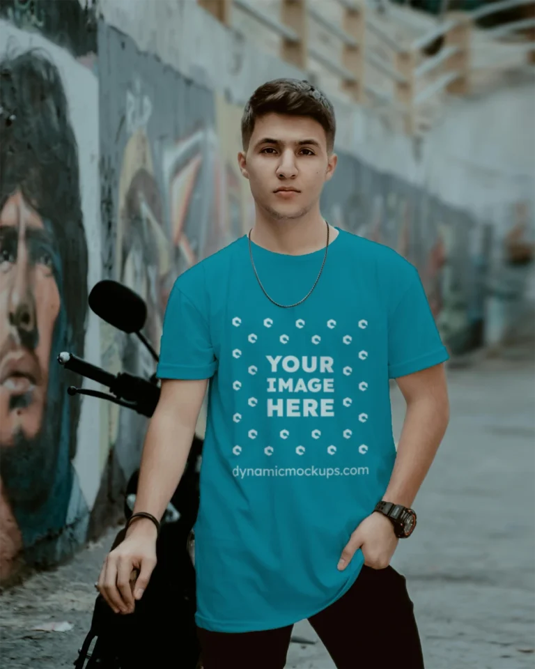 Man Wearing Teal T-shirt Mockup Front View Template