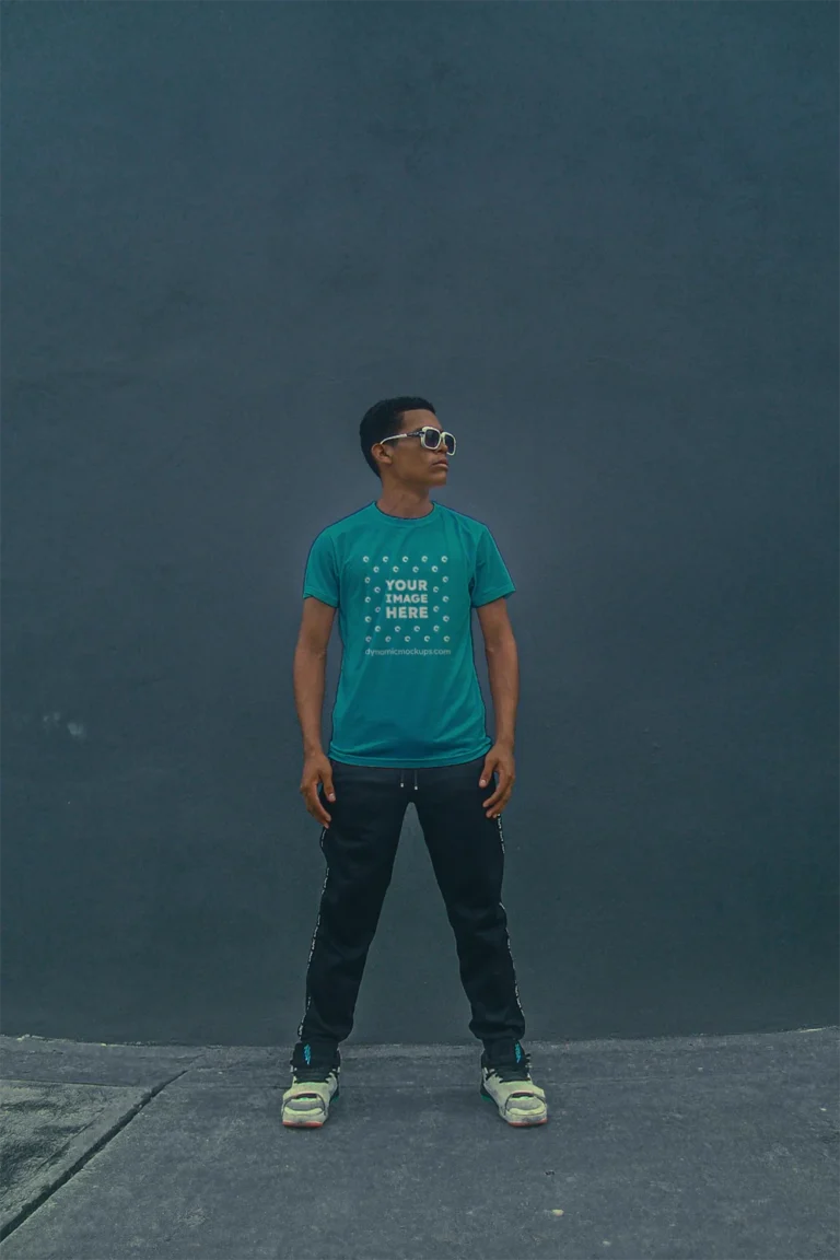 Man Wearing Teal T-shirt Mockup Front View Template