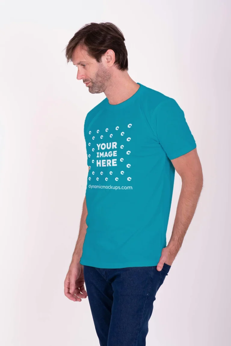 Man Wearing Teal T-shirt Mockup Front View Template