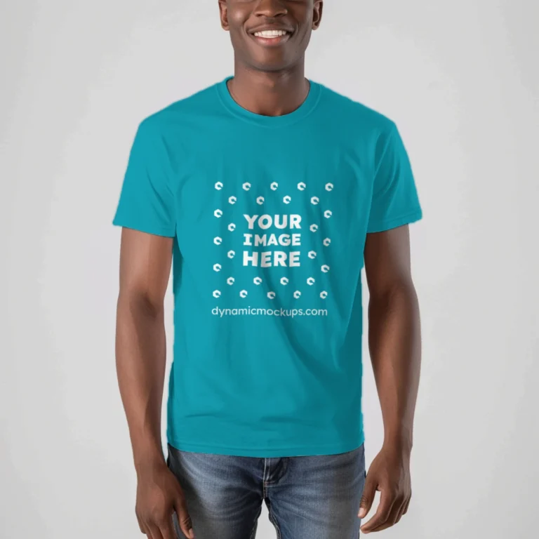 Man Wearing Teal T-shirt Mockup Front View Template