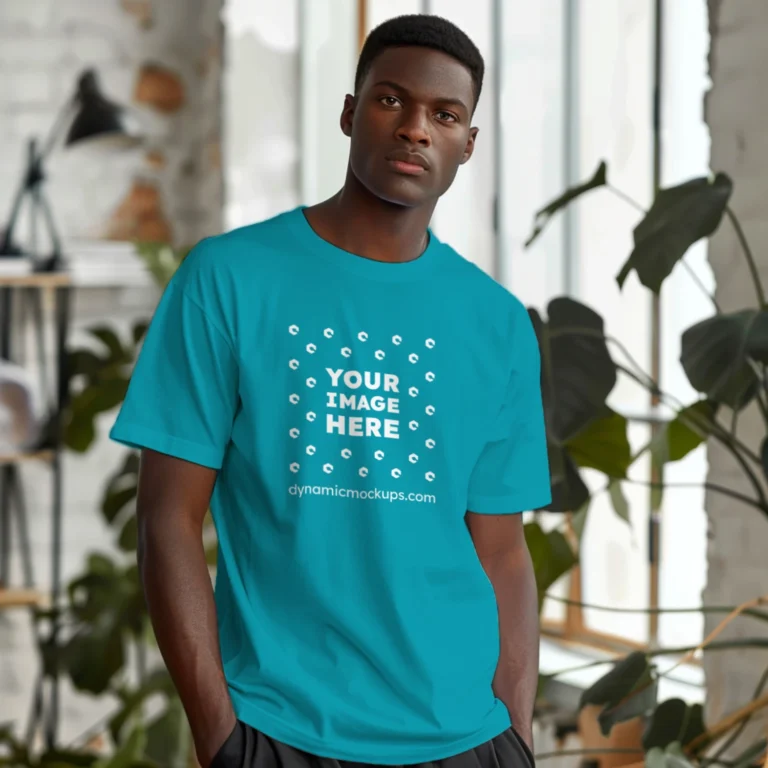 Man Wearing Teal T-shirt Mockup Front View Template