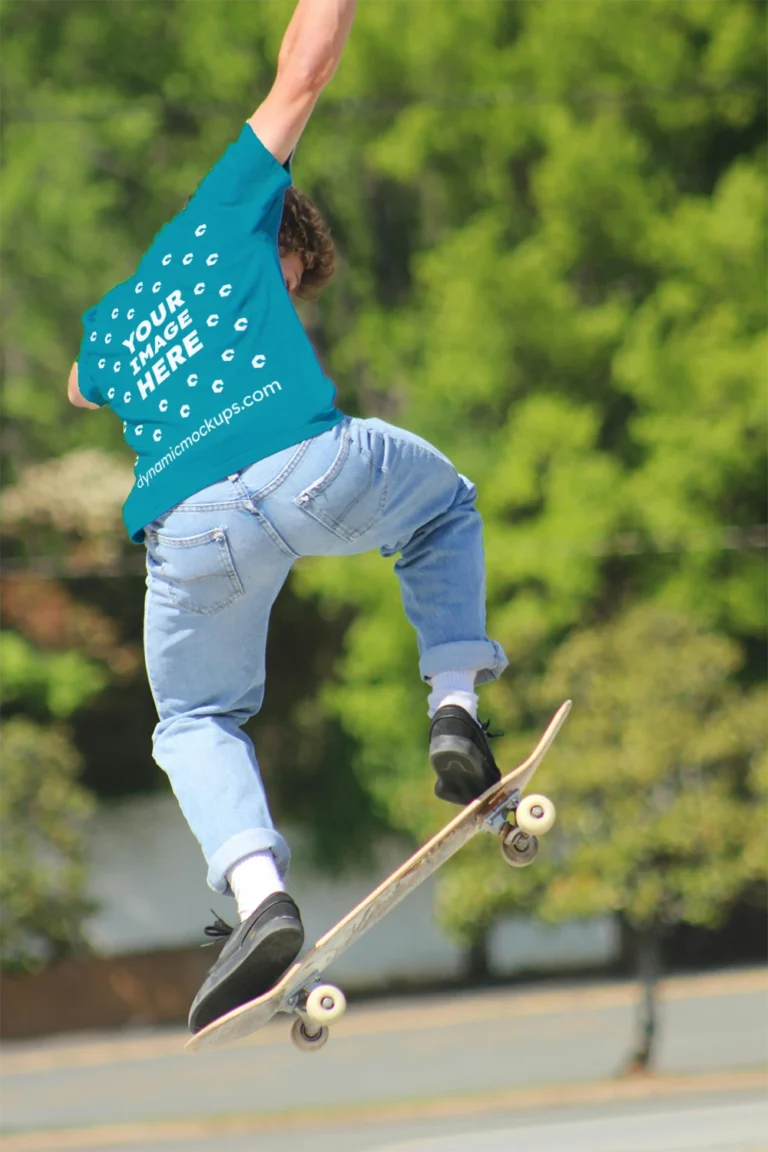 Man Wearing Teal T-shirt Mockup Back View Template
