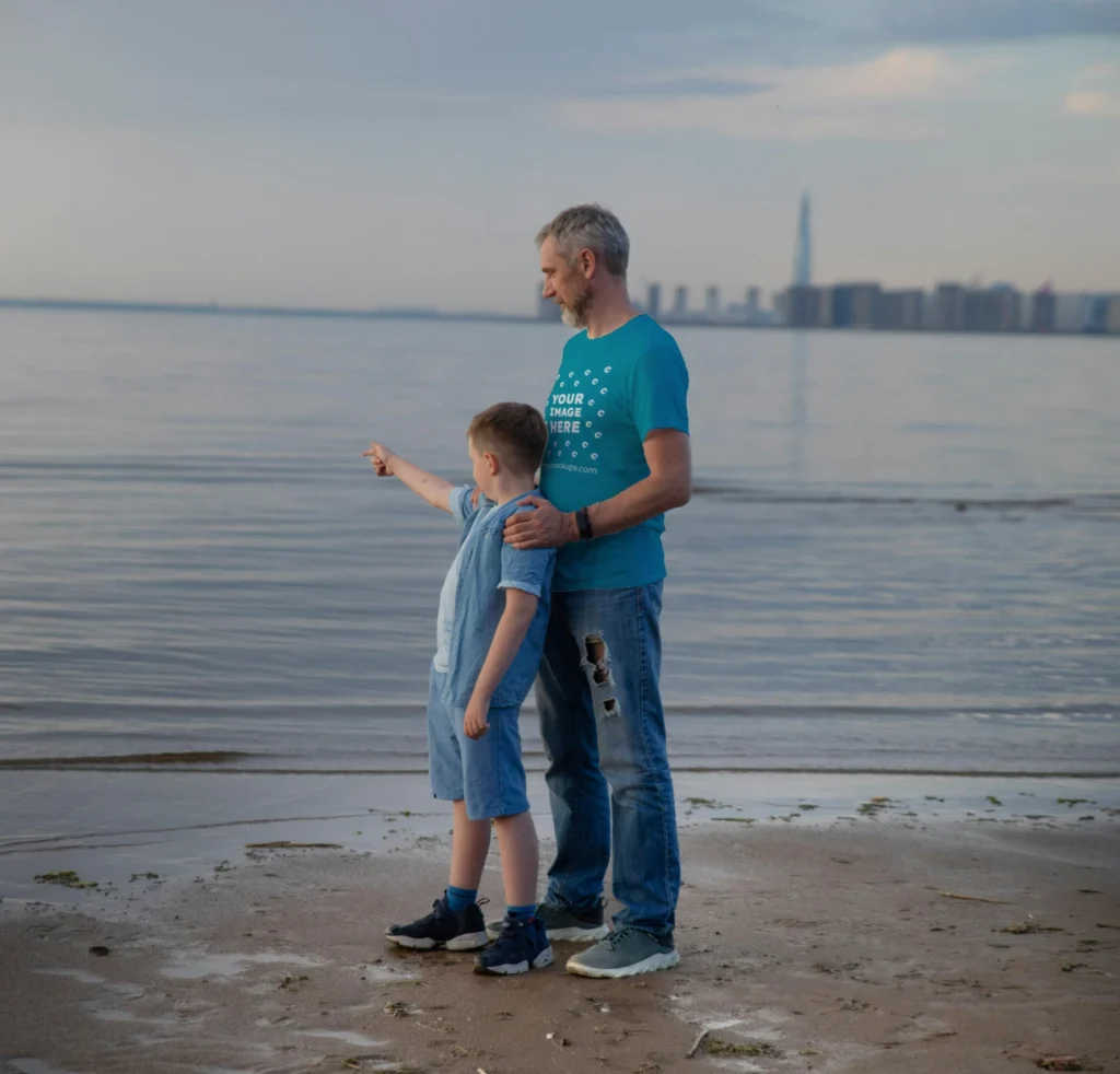 Man Wearing Teal T-shirt Mockup Front View Template