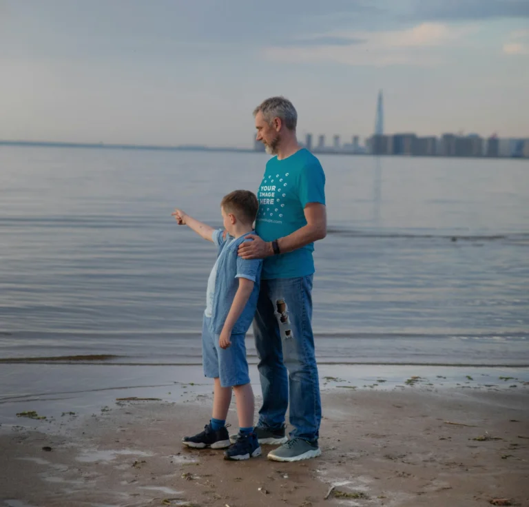 Man Wearing Teal T-shirt Mockup Front View Template