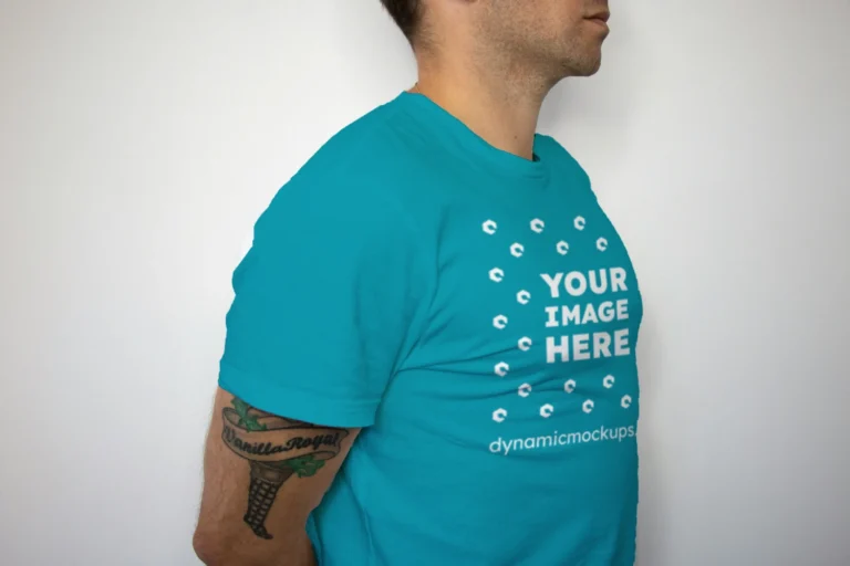 Man Wearing Teal T-shirt Mockup Front View Template
