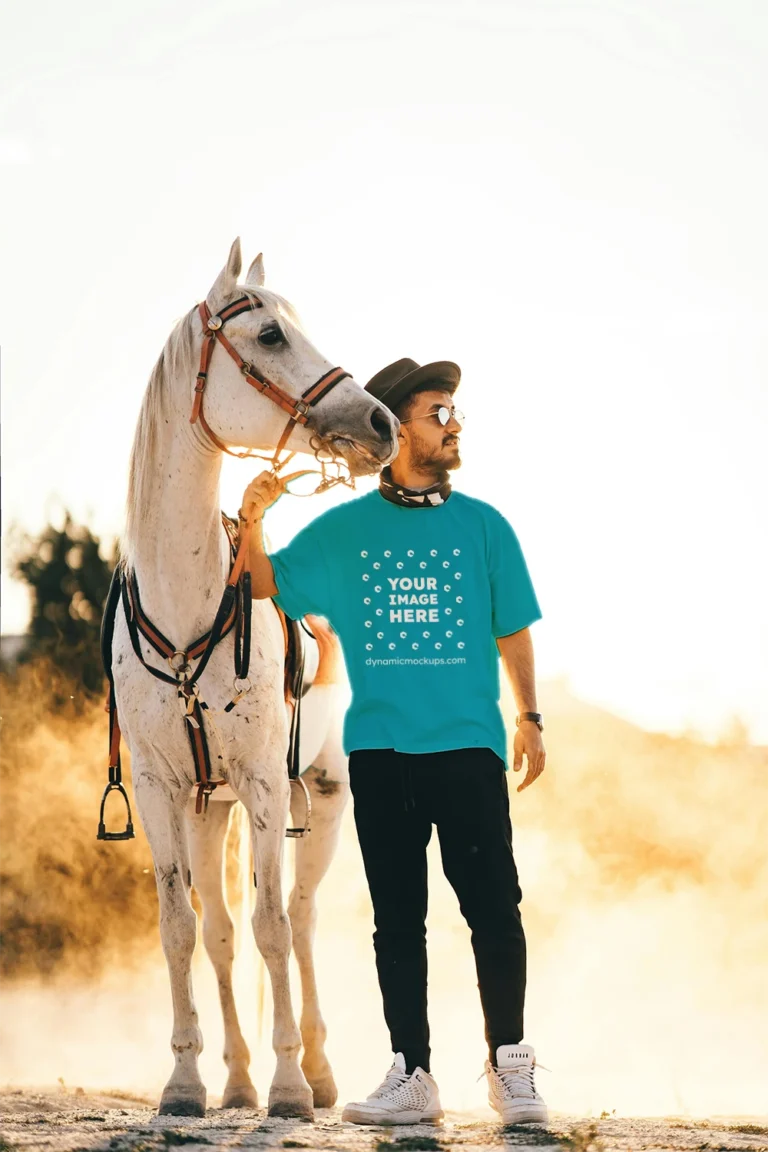 Man Wearing Teal T-shirt Mockup Front View Template