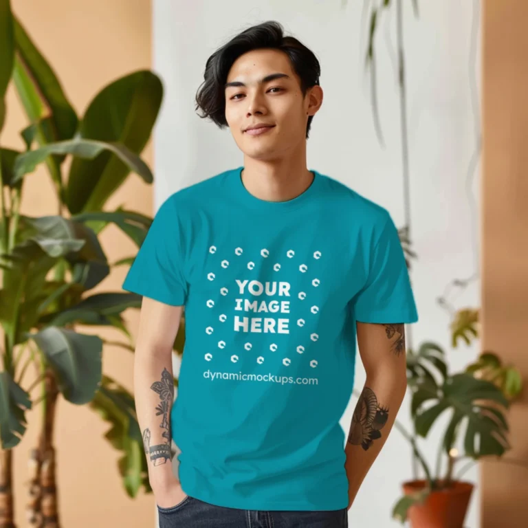 Man Wearing Teal T-shirt Mockup Front View Template