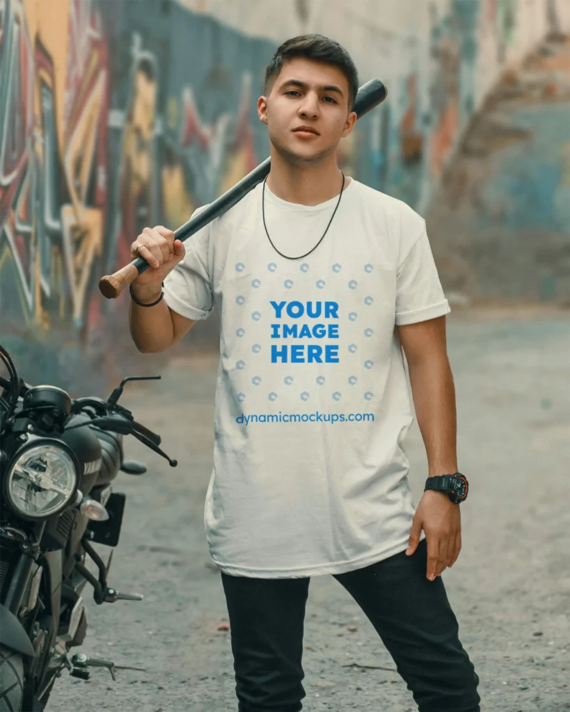 Man Wearing White T-shirt Mockup Front View Template