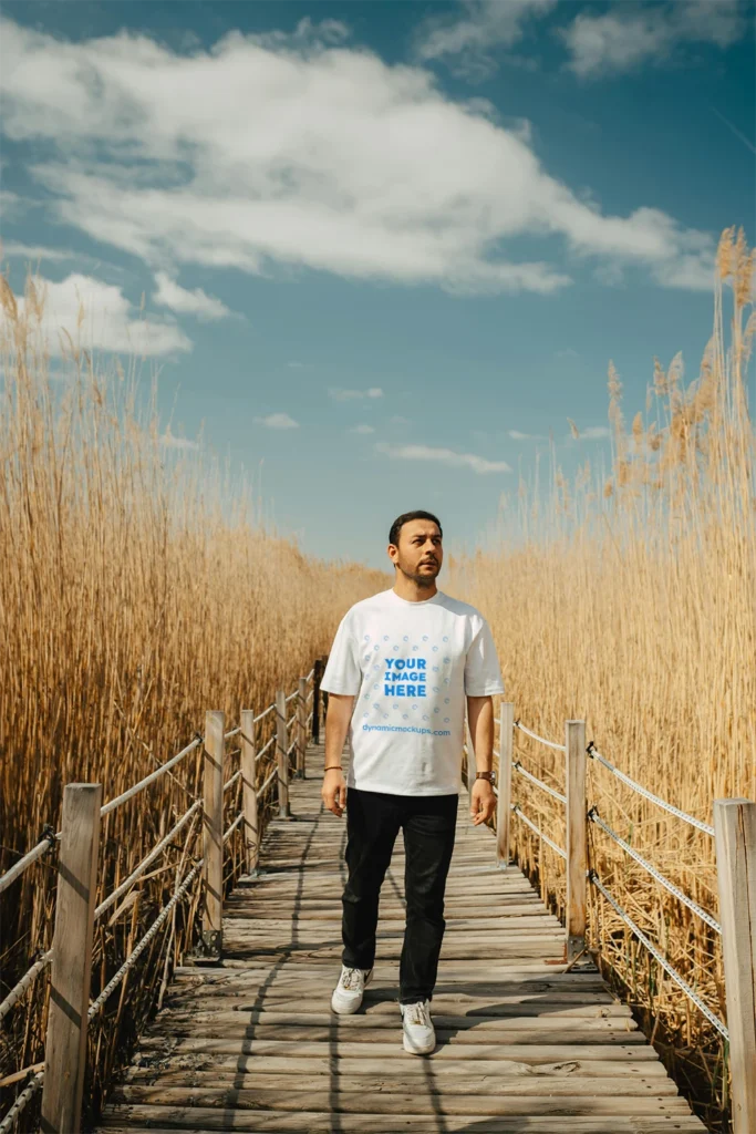 Man Wearing White T-shirt Mockup Front View Template