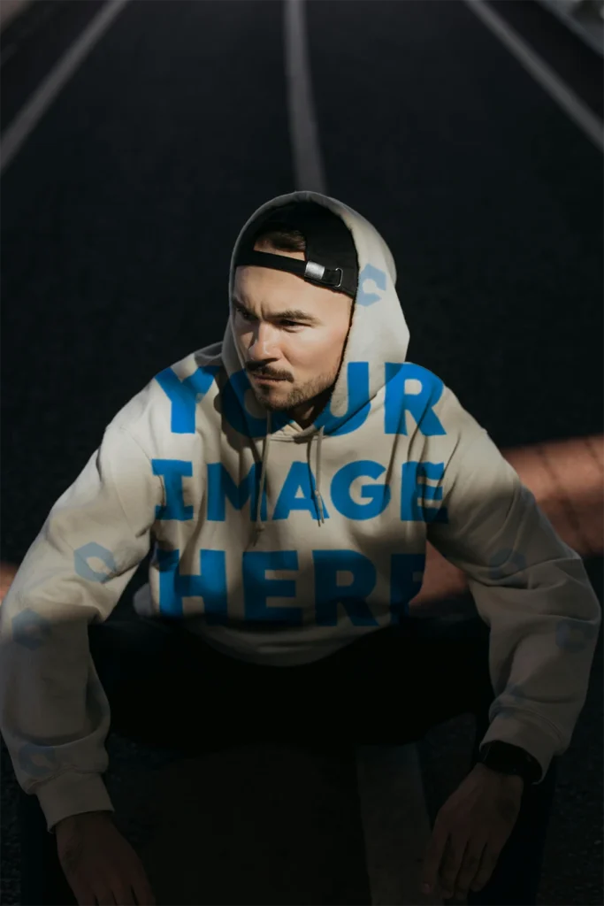 Man Wearing White Hoodie Mockup Front View Template