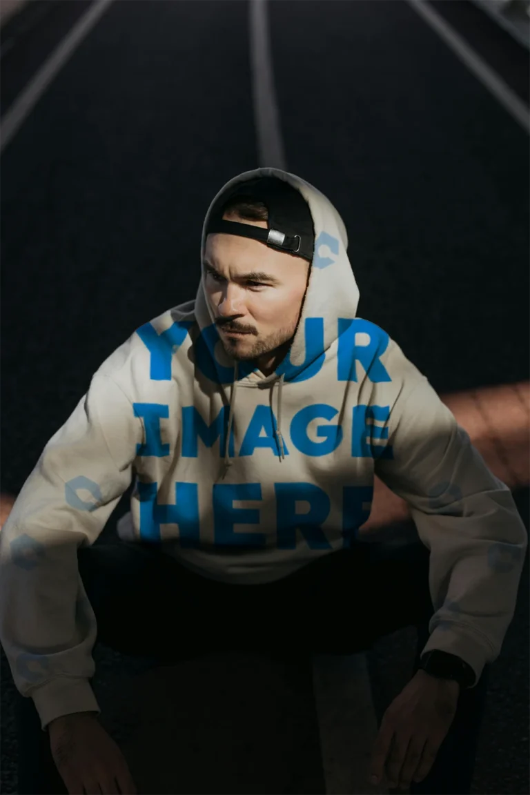 Man Wearing White Hoodie Mockup Front View Template