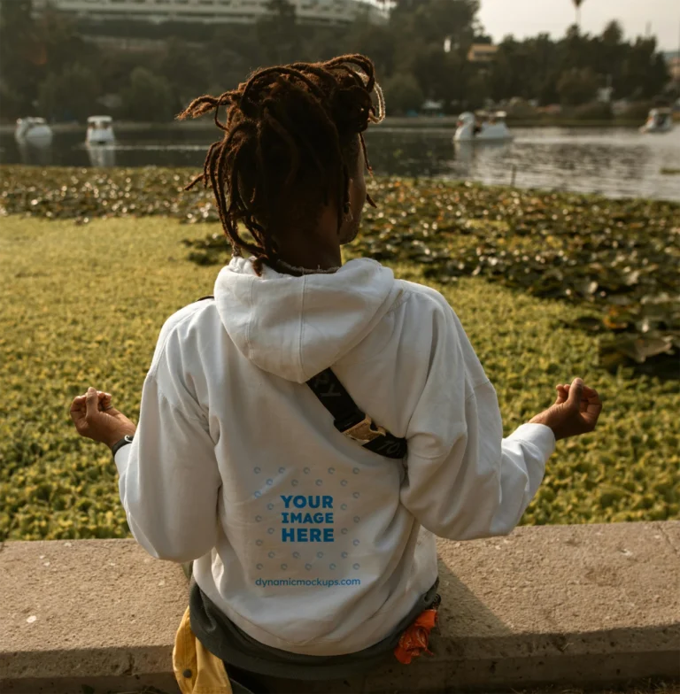 Man Wearing White Hoodie Mockup Back View Template