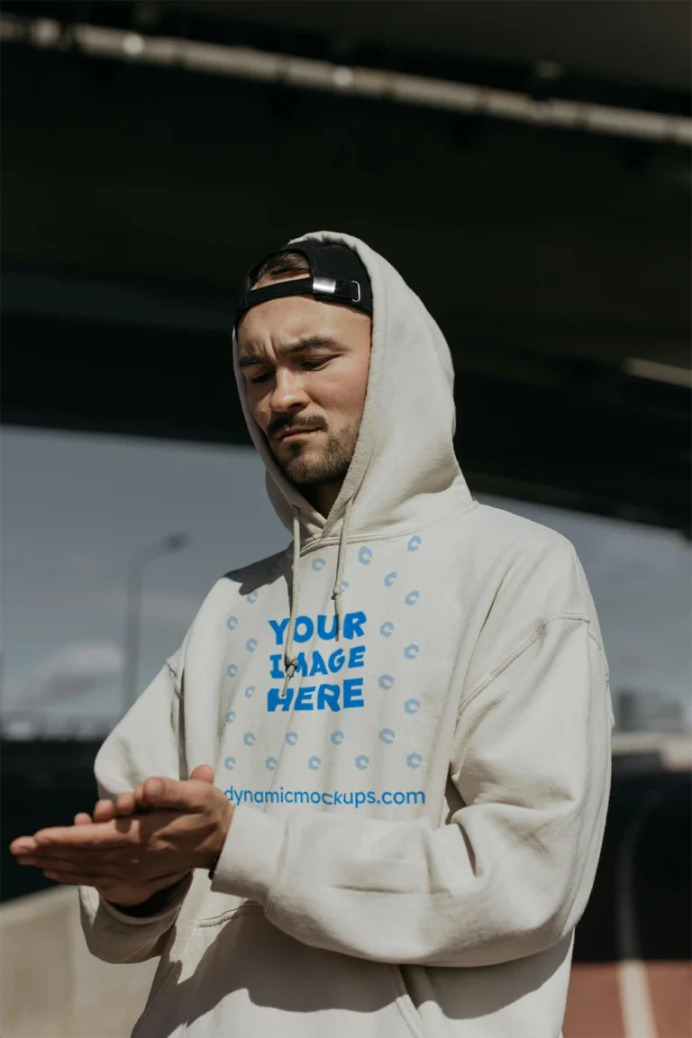 Man Wearing White Hoodie Mockup Front View Template