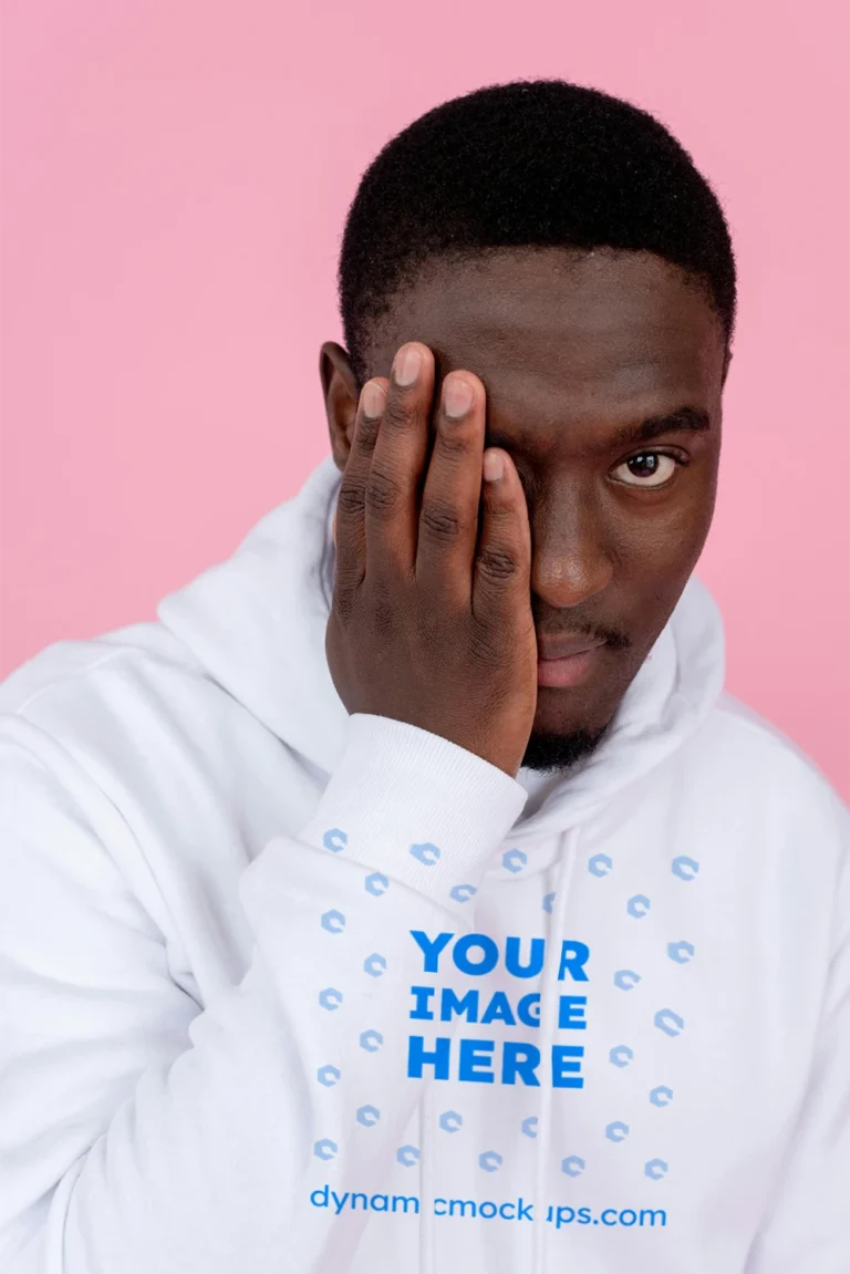 Man Wearing White Hoodie Mockup Front View Template
