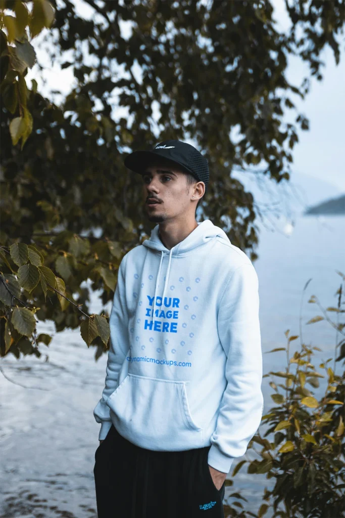 Man Wearing White Hoodie Mockup Front View Template
