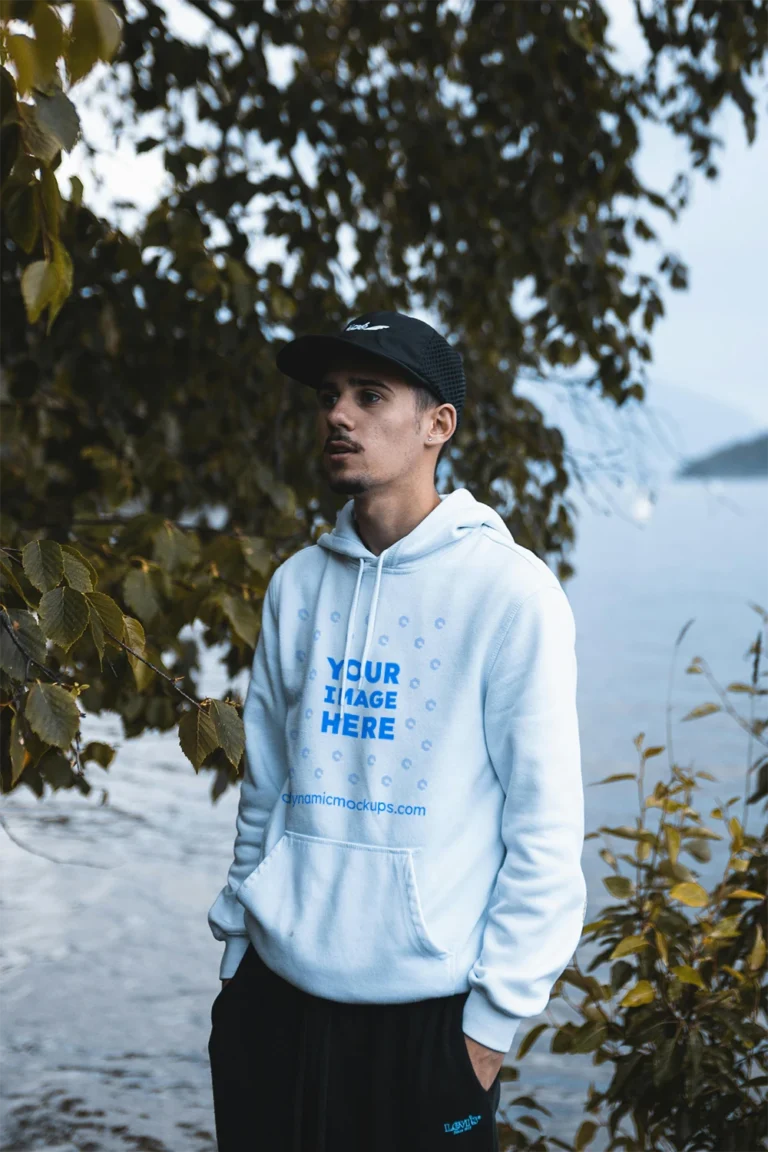 Man Wearing White Hoodie Mockup Front View Template