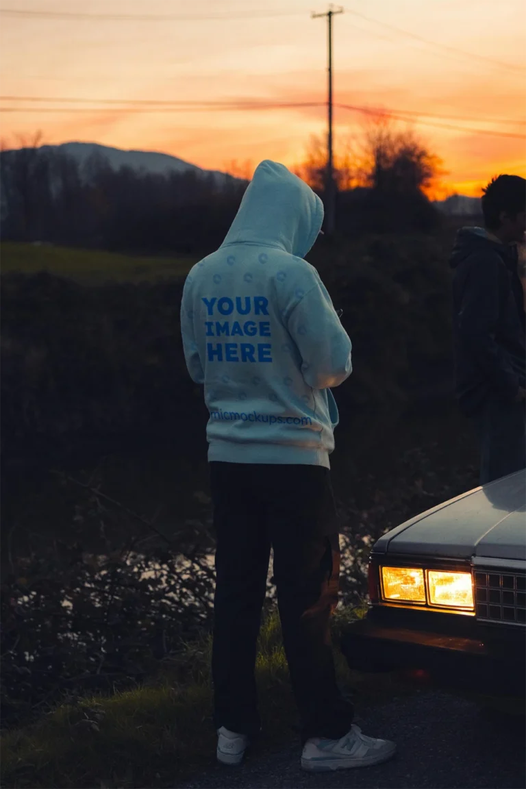 Man Wearing White Hoodie Mockup Back View Template