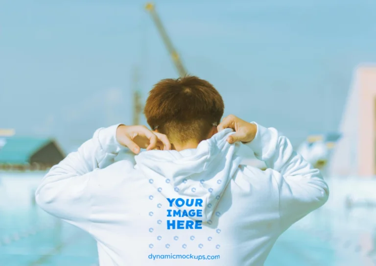 Man Wearing White Hoodie Mockup Back View Template