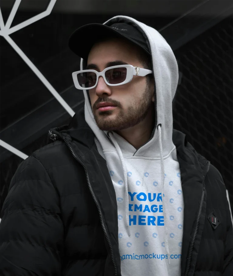 Man Wearing White Hoodie Mockup Front View Template