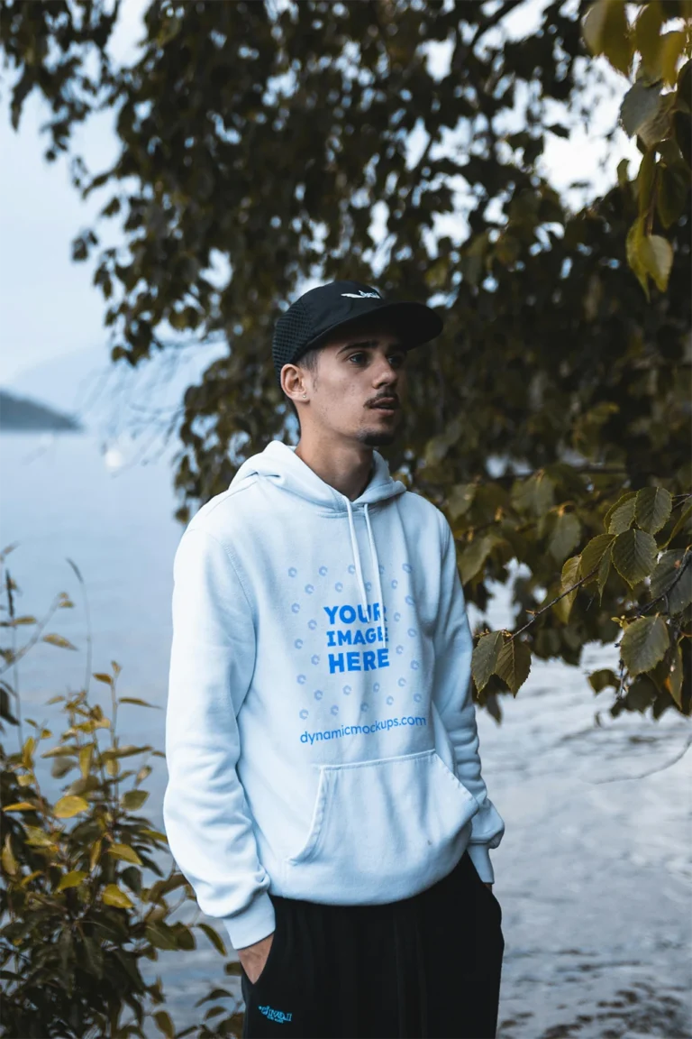 Man Wearing White Hoodie Mockup Front View Template