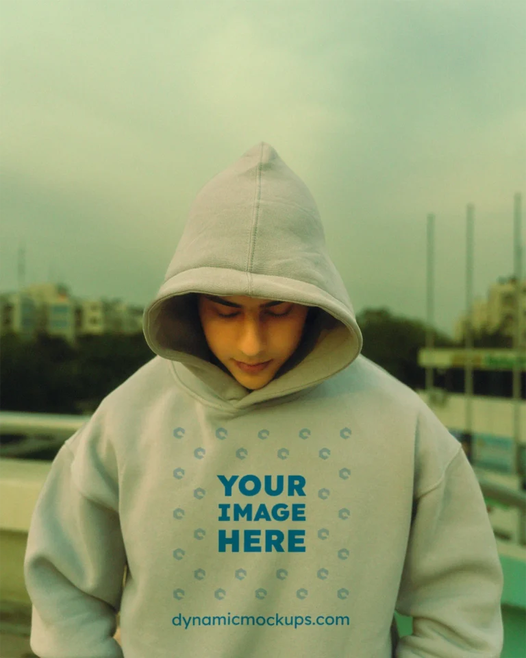 Man Wearing White Hoodie Mockup Front View Template