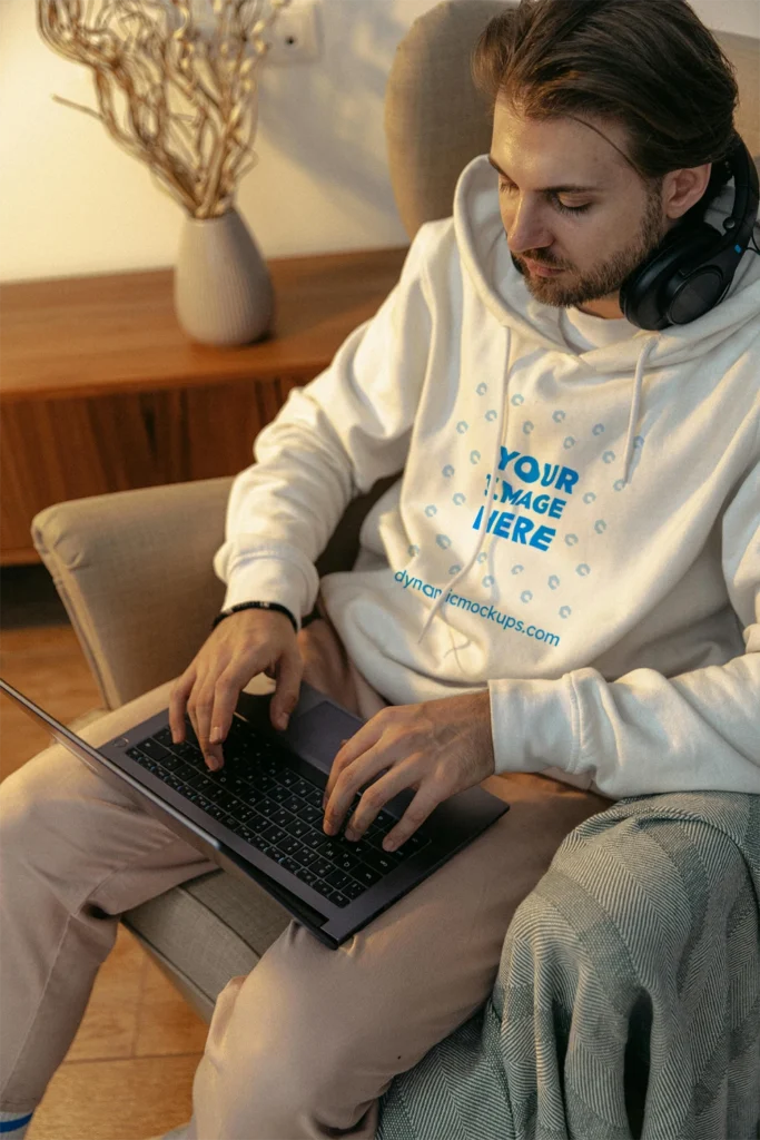 Man Wearing White Hoodie Mockup Front View Template