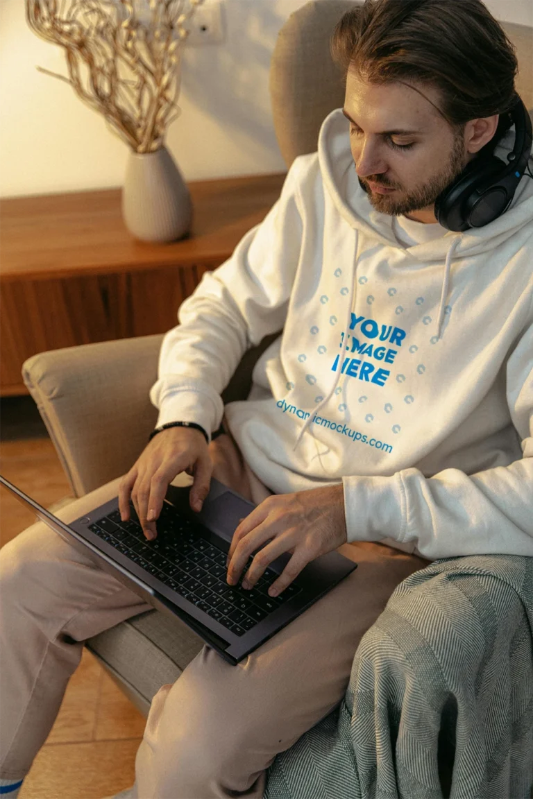 Man Wearing White Hoodie Mockup Front View Template