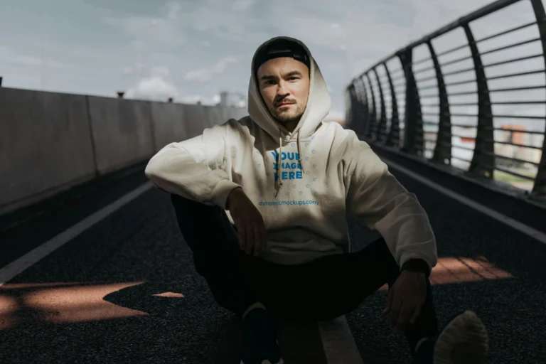 Man Wearing White Hoodie Mockup Front View Template