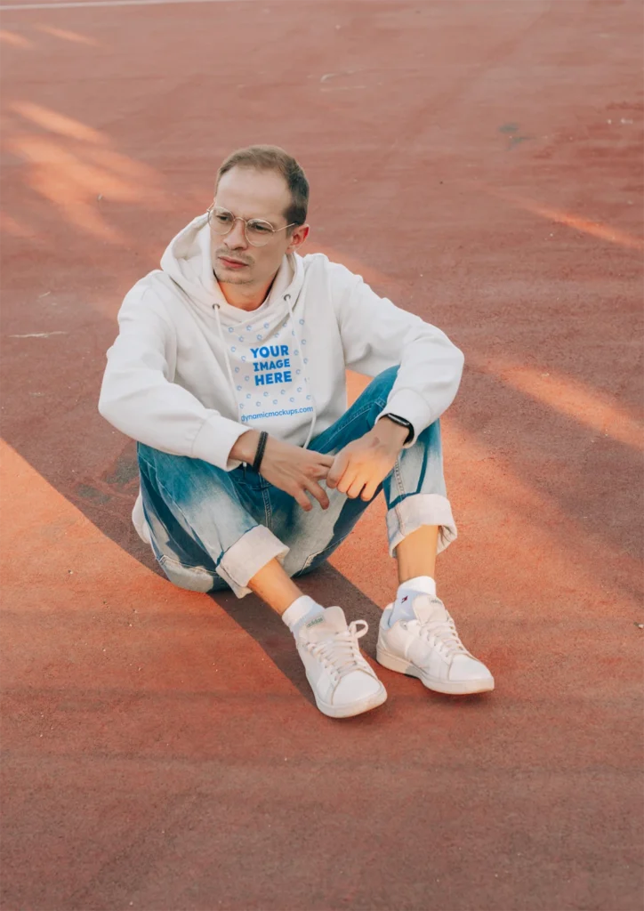 Man Wearing White Hoodie Mockup Front View Template