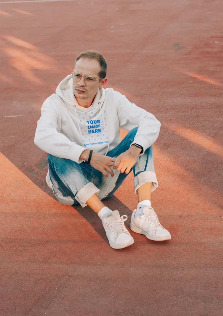 Man Wearing White Hoodie Mockup Front View Template