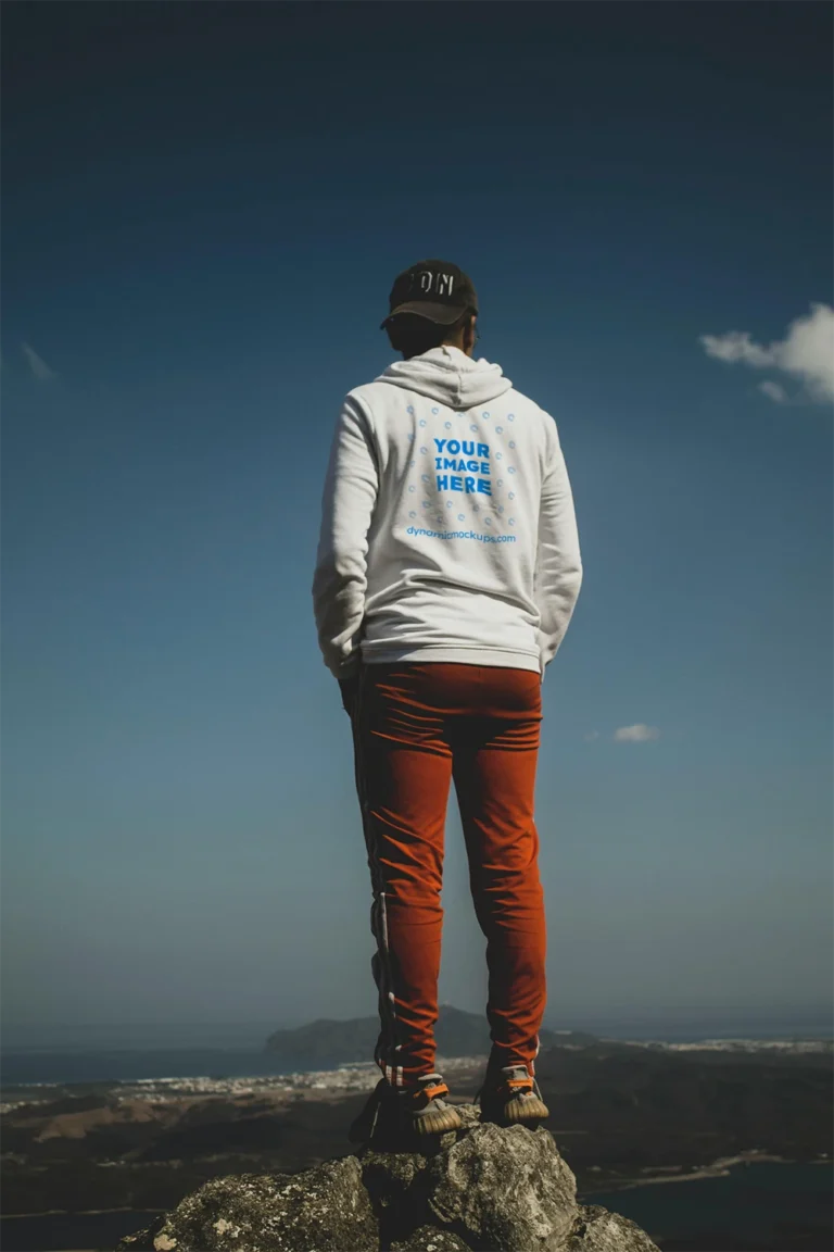 Man Wearing White Hoodie Mockup Back View Template