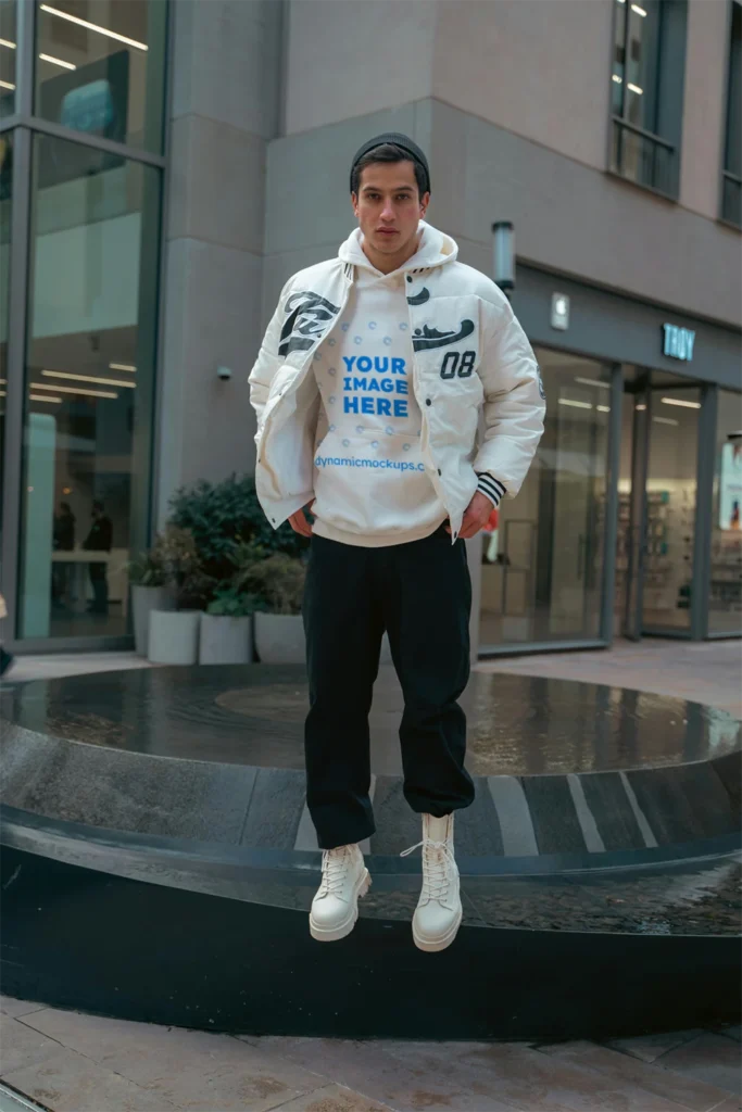 Man Wearing White Hoodie Mockup Front View Template