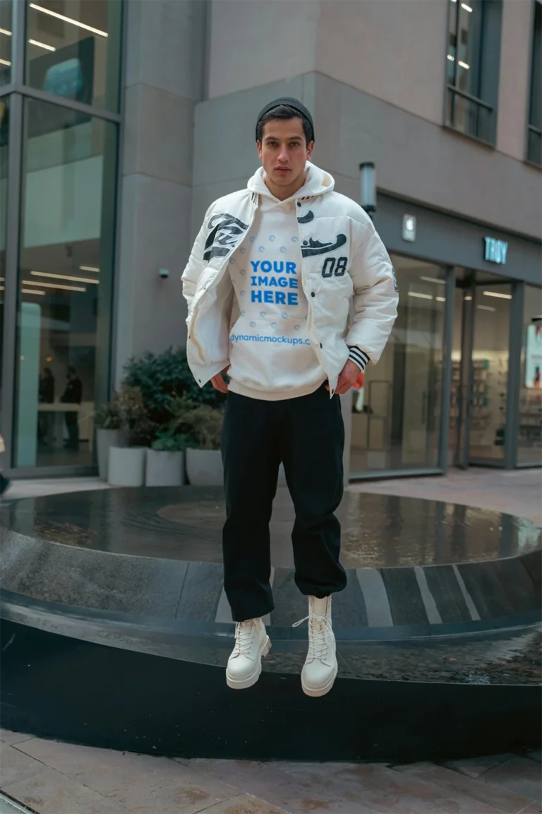 Man Wearing White Hoodie Mockup Front View Template