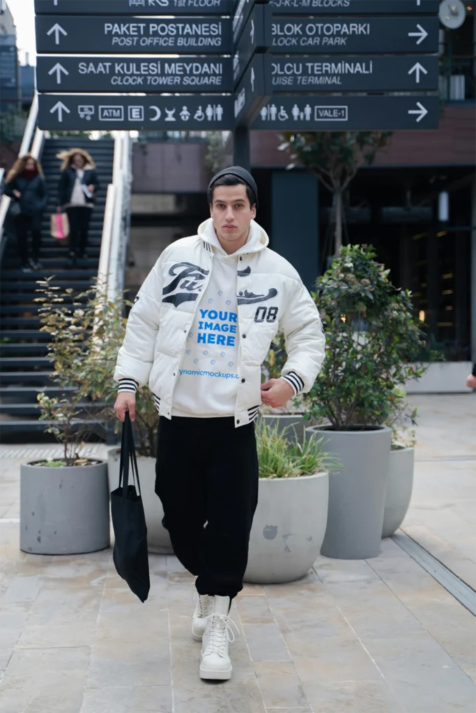 Man Wearing White Hoodie Mockup Front View Template