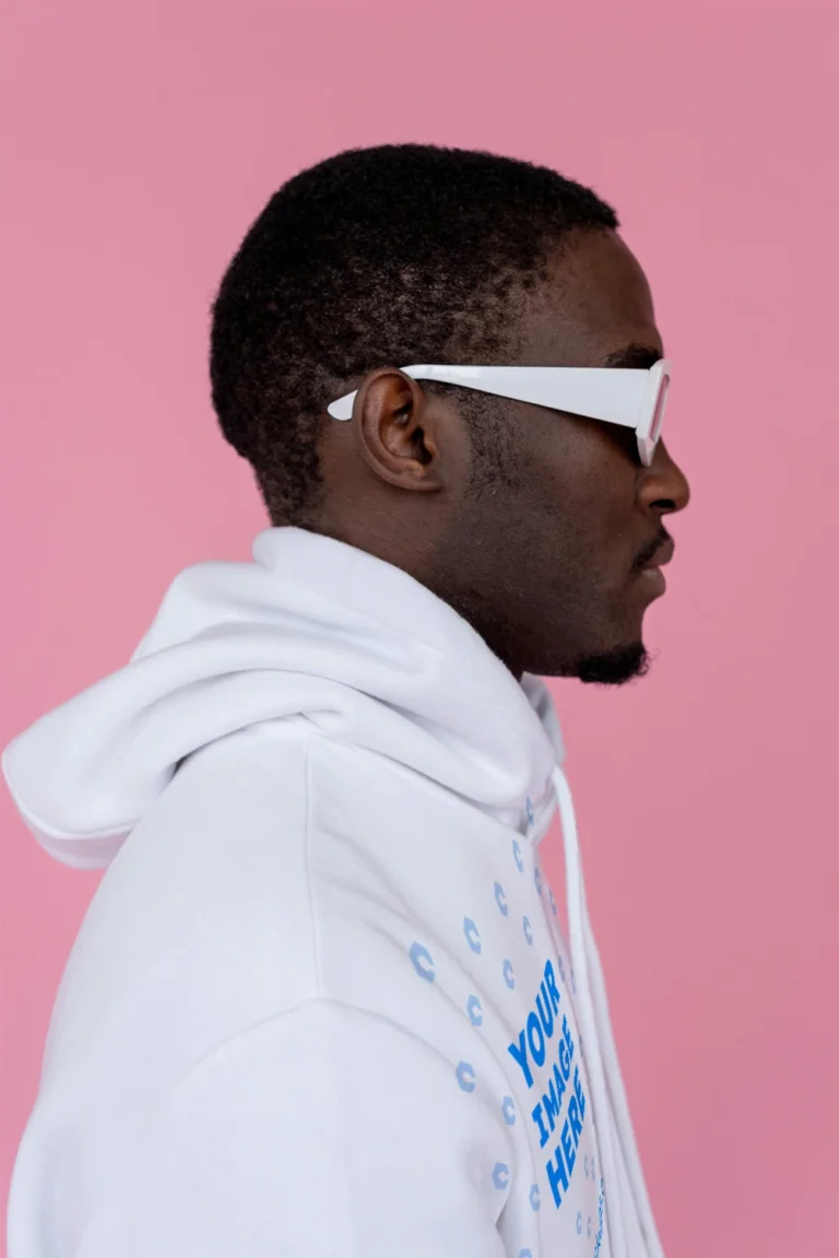 Man Wearing White Hoodie Mockup Side View Template